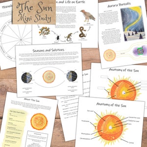 May include: A colourful educational poster about the Sun, with illustrations of the Sun's anatomy, seasons, and solstices. The poster includes text about the Sun's size, distance from Earth, and other facts.
