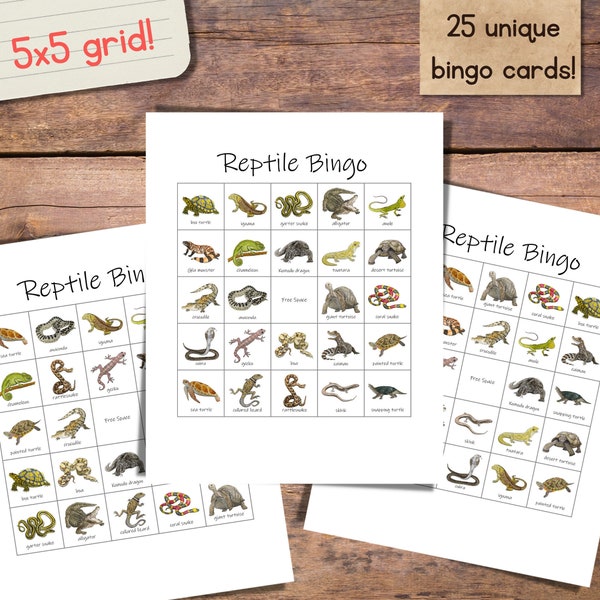 Reptile Bingo Set: 25 unique bingo cards with calling cards! Kids' birthday game, class party, afterschool activity, reptile birthday party