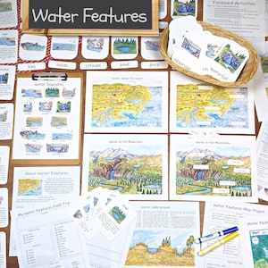 Water Features Unit: a printable earth science unit, learn about common waterbodies, homeschool geography printables image 1