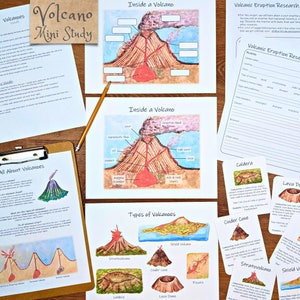 Mini estudio sobre volcanes: plan de estudios de ciencias de la tierra, plan de lecciones sobre volcanes, carteles de geología, actividades en el aula, unidad de estudio de educación en el hogar