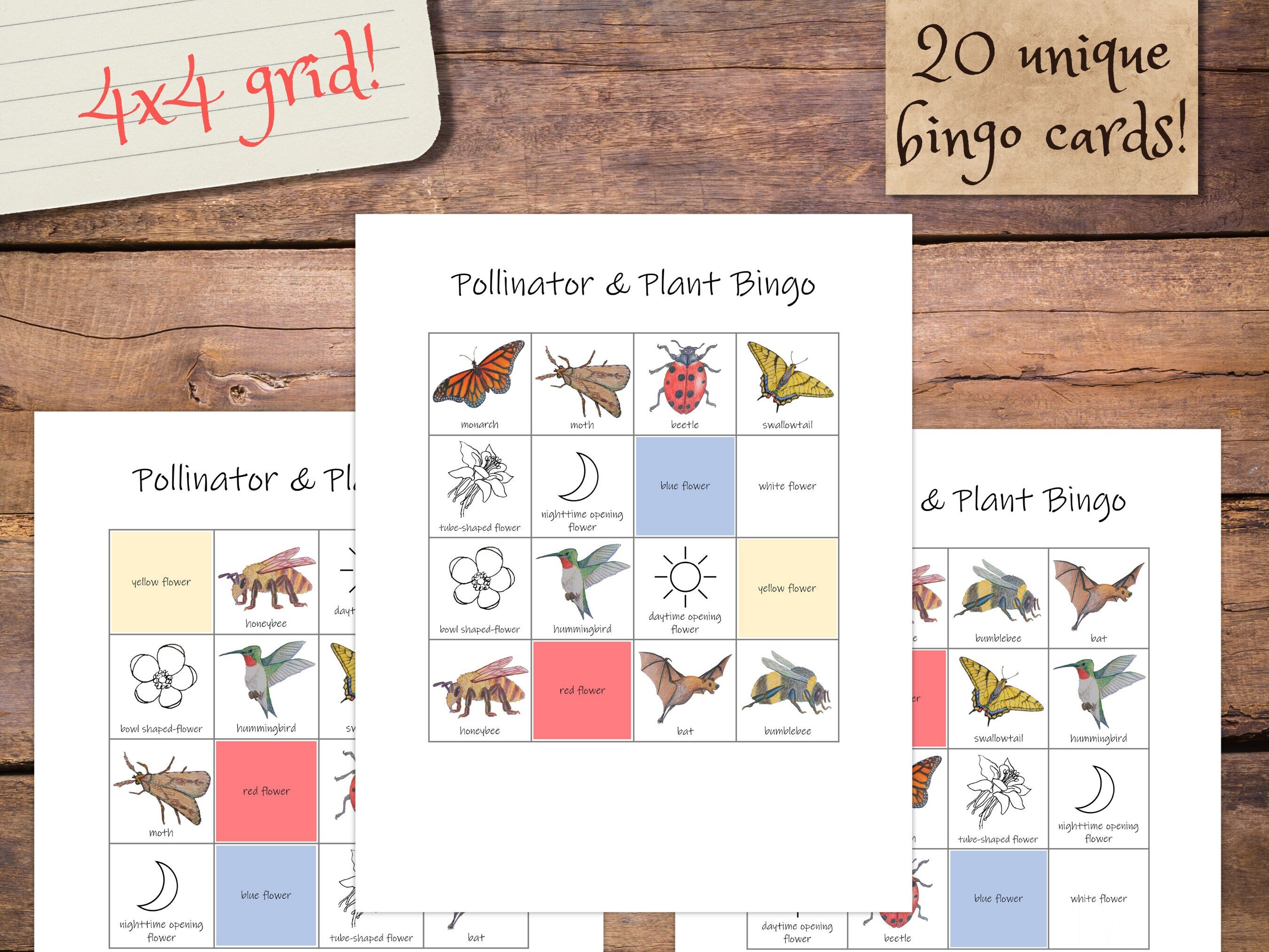 Pollinator and Plant Bingo Game With 20 Unique Cards and Calling Cards