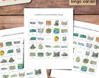 Landforms Bingo Set: 25 unique bingo cards! Review game for studying landforms and waterbodies in your classroom or homeschool