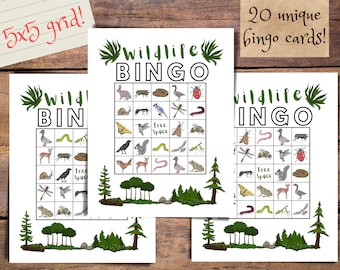 Wildlife Bingo Game: 20 Unique Cards, Backyard Animals (PDF Download)