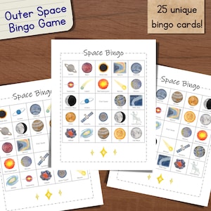 Space Bingo Set: 25 druckbare Bingokarten mit Visitenkarten! Kindergeburtstagsparty, außerschulische Aktivität, Weltraumcamp, Astronomie für Kinder