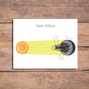 Puede incluir: Un diagrama que ilustra un eclipse solar. Los rayos del sol se muestran pasando por la luna y proyectando una sombra sobre la tierra. El diagrama etiqueta el sol, la luna, la tierra, la umbra, la penumbra y las áreas de eclipse total y parcial.