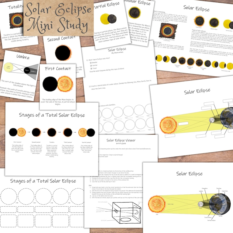 Solar Eclipse Study: mini unit study set with worksheets, activities, and posters Astronomy for kids, science curriculum, homeschool lesson image 1