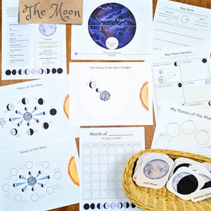 May include: A set of printable educational materials about the moon, including worksheets, a calendar, and a diagram of the phases of the moon. The materials are printed on white paper with blue and black ink.