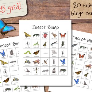 Lot de bingo avec insectes : 20 cartes uniques avec cartes de visite, jeu à imprimer pour les fêtes de classe, les camps et les anniversaires sur le thème des insectes