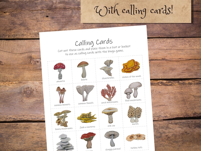 May include: A printable set of 16 calling cards featuring illustrations of different types of mushrooms. The cards are labeled with the common names of each mushroom, such as "amacita", "bolete", "chaeterelies", and "chicken of the woods".