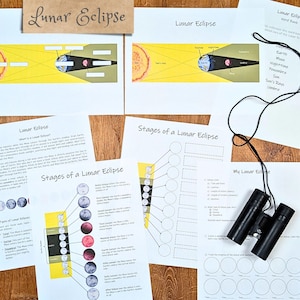 Pode incluir: Um conjunto de folhas de trabalho educacionais sobre eclipses lunares. As folhas de trabalho incluem diagramas, bancos de palavras e perguntas para completar. As folhas de trabalho são impressas em papel branco e têm um esquema de cores amarelo e preto.