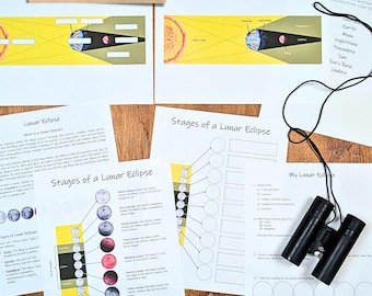May include: A set of educational worksheets about lunar eclipses. The worksheets include diagrams, word banks, and fill-in-the-blank questions. The worksheets are printed on white paper and have a yellow and black color scheme.