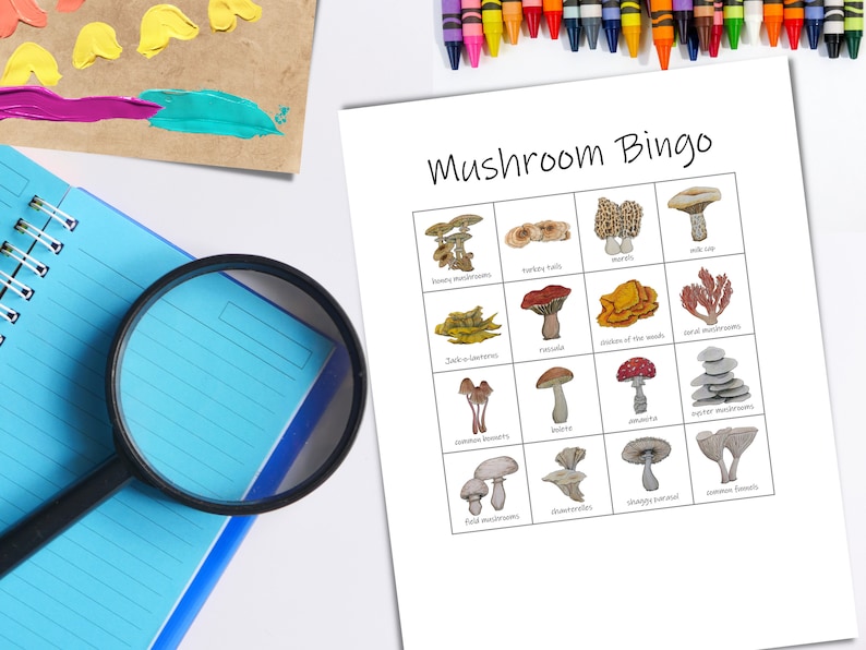 May include: A printable mushroom bingo card with illustrations of different types of mushrooms, including shaggy mane, oyster mushrooms, and jack-o'-lantern mushrooms. The card has a title that says "Mushroom Bingo".