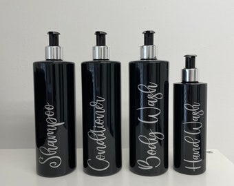 Personalised cylindrical black refillable, reusable, pump or disc dispenser bottles