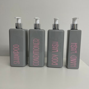 Personalised square grey refillable, reusable, pump dispenser bottles