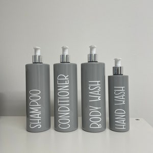 Personalised cylindrical grey refillable, reusable, pump or disc dispenser bottles