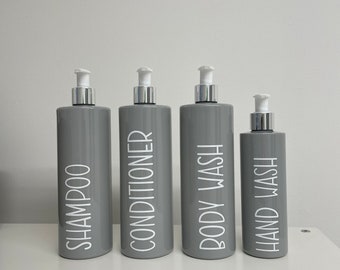 Personalised cylindrical grey refillable, reusable, pump or disc dispenser bottles