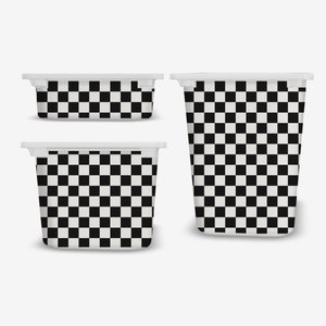 Könnte beinhalten: Drei Plastikbehälter mit einem schwarz-weißen Karomuster. Die Behälter sind unterschiedlich groß, wobei der größte Behälter größer ist als die beiden anderen.