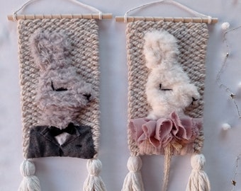 Rabbit wall art set of two rabbits for wall bunny wall hanging animal weaving bunny themed nursery decor