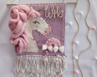 Unicorn tapestry christmas gift for girl cute animal wall hanging  cute unicorn pastel decor nursery weaving name unicorn banner macrame