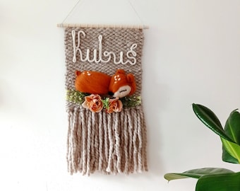 Deer handwoven tapestry christmas gift for new baby cottagecore name macrame wall hanging deer sleeping baby room over The crib wall hanging