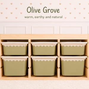 May include: A wooden storage unit with six olive green bins with scalloped white lids. The text "Olive Grove" and "warm, earthy and natural" are above the unit. The background has a heart pattern.