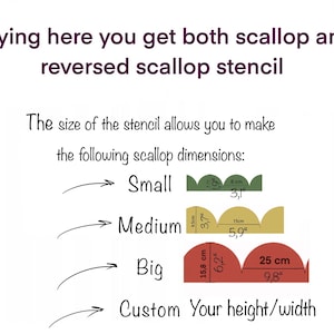Op de afbeelding: Diagram met vier verschillende maten scallop stencils, gelabeld "Klein", "Medium", "Groot" en "Aangepaste hoogte/breedte". De maten worden weergegeven in zowel inches als centimeters. De stencil laat je toe om zowel scallop als omgekeerde scallop designs te maken.