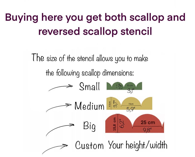 Op de afbeelding: Diagram met vier verschillende maten scallop stencils, gelabeld "Klein", "Medium", "Groot" en "Aangepaste hoogte/breedte". De maten worden weergegeven in zowel inches als centimeters. De stencil laat je toe om zowel scallop als omgekeerde scallop designs te maken.