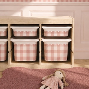 May include: A wooden storage unit with six cubbies, each holding a white and pink gingham patterned bin. A matching doll in a pink dress lies on a mauve rug. The wall behind the unit is painted pink with a gingham border.