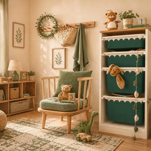 May include: A white storage unit featuring four deep green plastic bins with scalloped edges. The unit is positioned next to a wooden chair with a green cushion, a teddy bear, a green dinosaur toy, and a wooden toy car on a patterned rug.