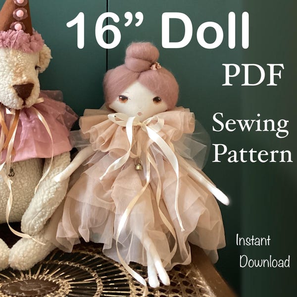 Patrón de costura de muñeca de trapo y tutorial PDF Tutorial de muñeca hecha a mano Descarga instantánea Patrón de muñeca de trapo con vestido Costura de muñeca para principiantes Muñeca de lino