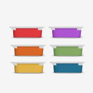 Puede incluir: Seis recipientes de plástico con tapas de diferentes colores: rojo, naranja, amarillo, verde, azul y morado. Los recipientes son todos del mismo tamaño y forma.