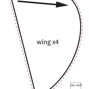 May include: A black and white diagram showing a template for a wing. The template is shaped like a curved triangle and is labeled "wing x4". The template is sized to fit on a standard US Letter sheet of paper. A small square is labeled "1x1 inch" for scale.