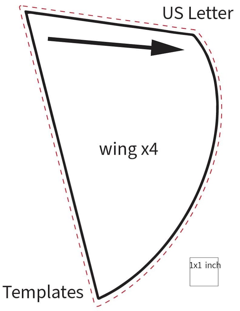 May include: A black and white diagram showing a template for a wing. The template is shaped like a curved triangle and is labeled "wing x4". The template is sized to fit on a standard US Letter sheet of paper. A small square is labeled "1x1 inch" for scale.