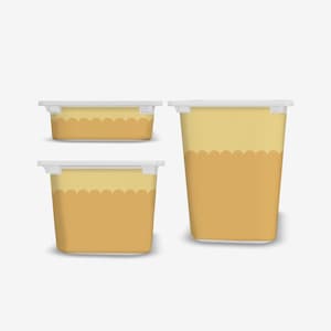 Könnte beinhalten: Drei Lebensmittelbehälter mit weißen Deckeln. Die Behälter sind zweifarbig, mit einem hellgelben oberen Bereich und einem dunkleren gelben unteren Bereich. Ein Muscheldesign trennt die beiden Farben. Die Behälter sind unterschiedlich groß.