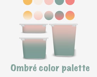 May include: An image featuring an ombré color palette with various shades of pink, green, and yellow. The image includes three containers with a gradient effect, along with color swatches and the text "Ombré color palette".