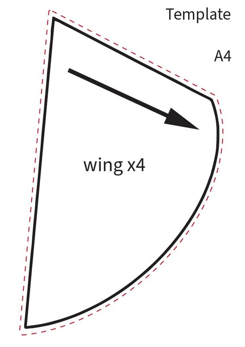 May include: A template for a wing-shaped craft, marked "wing x4" and "A4" on a white background. The template is outlined in a dashed red line.