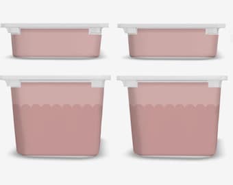 May include: Four plastic storage containers with lids. Two containers are plain pink and two containers have a scalloped design in a lighter shade of pink.