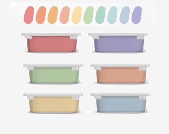 May include: Six rectangular containers with lids in various pastel colors, including pink, purple, green, orange, yellow, and blue.