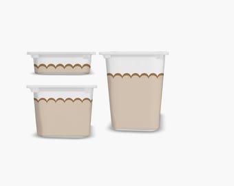 May include: Three plastic containers with white lids and brown scalloped trim. The containers are different sizes.