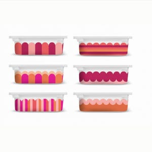 May include: Six white rectangular containers with lids, each with a different colourful scalloped or striped design in shades of pink, orange, and red. The containers are arranged in two rows of three.