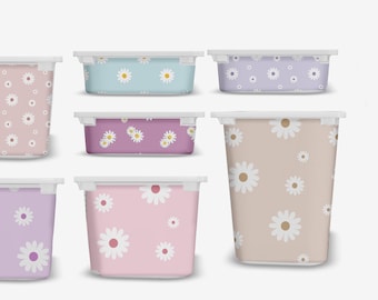 May include: Set of six plastic storage containers with floral patterns. The containers are in various colors, including pink, purple, blue, and beige. Each container has a white lid.