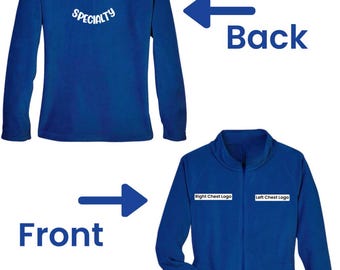 May include: A royal blue fleece jacket with a mock neck and long sleeves. The back of the jacket has the text "YOUR Department & SPECIALTY" in white. The front of the jacket has two areas labeled "Right Chest Logo" and "Left Chest Logo".