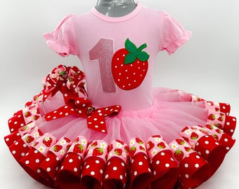 Strawberry Birthday Tutu Outfit, Strawberry Girl's Tutu Outfit, Strawberry Birthday Tutu Cake Smash Outfit, Personalized Embroidery Shirt