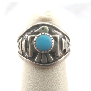 May include: A silver ring featuring a turquoise stone set in the center of a stylized bird design. The ring has a detailed, vintage aesthetic, with geometric patterns on the band.