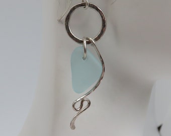 Vintage sterling silver blue sea glass dangle earrings