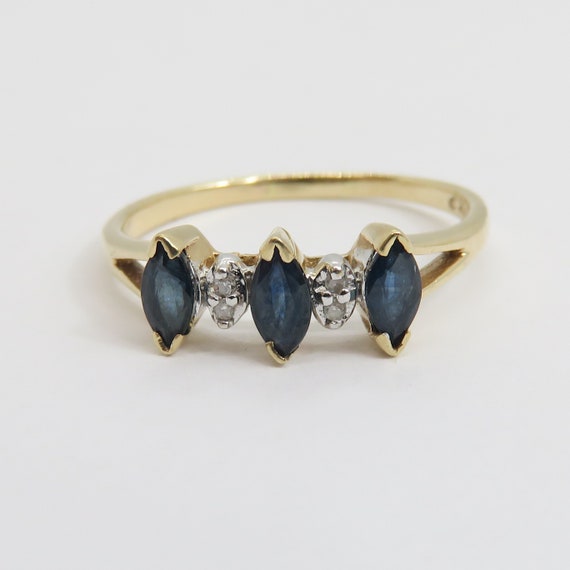 Vintage 10k gold marquise sapphires and diamond ri
