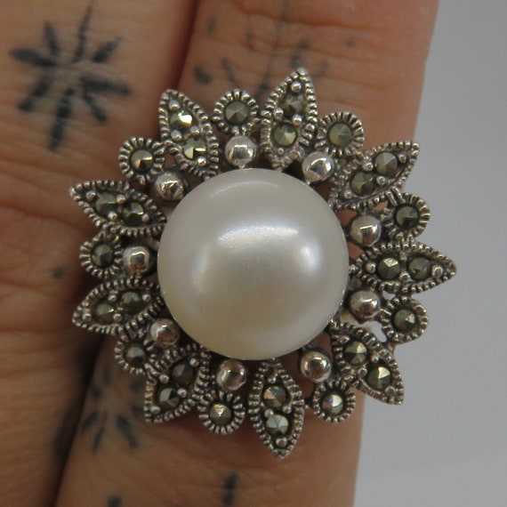 Vintage sterling silver pearl and marcasite flowe… - image 7