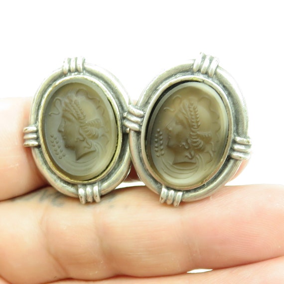 Vintage silver tone costume cameo clip on earrings - image 2