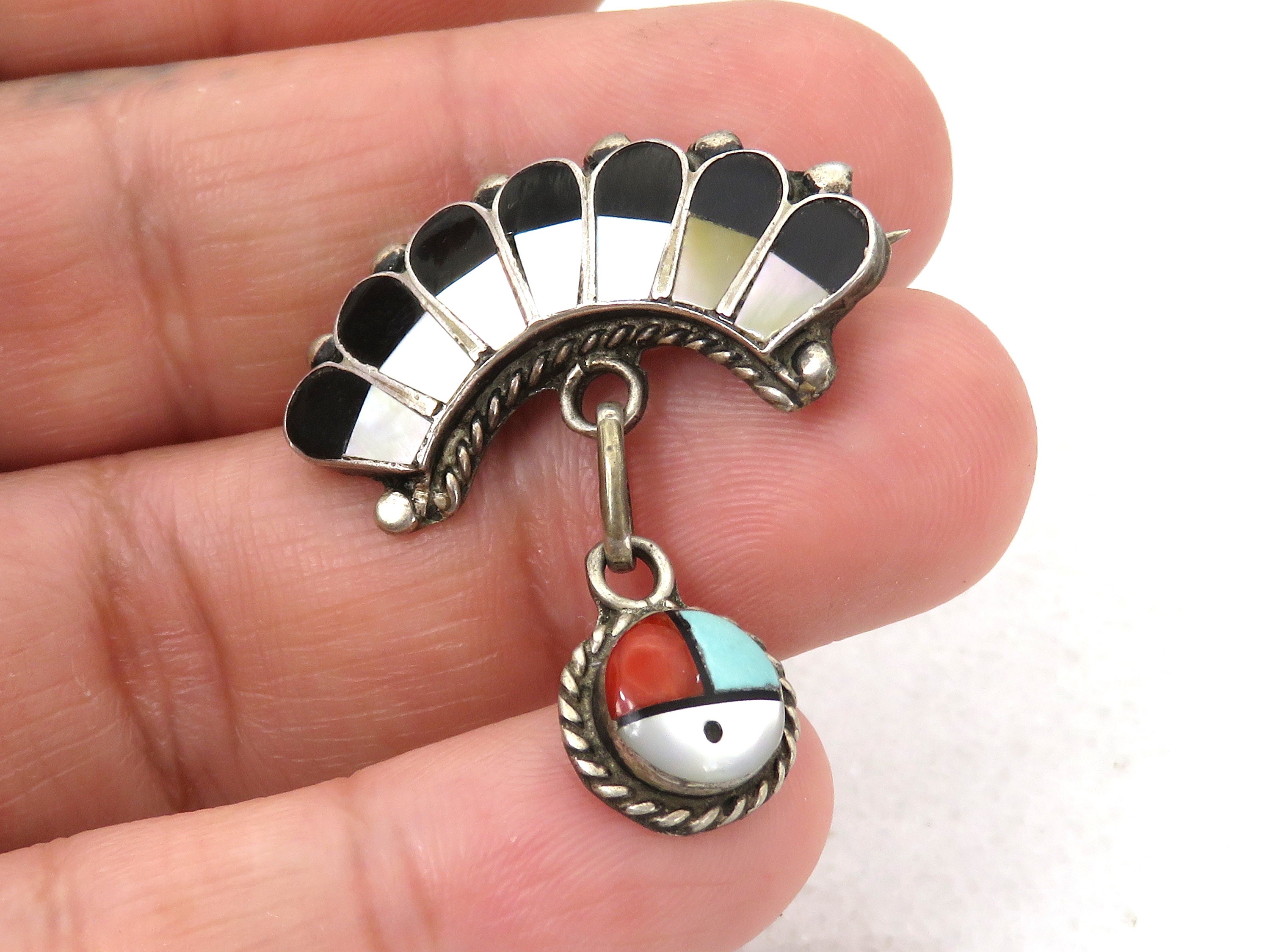 Broche Zuni Sun God Vintage - Argent Sterling Et Turquoise - Mexique