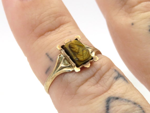 Antique 14k gold carved tigers eye cameo ring - image 1